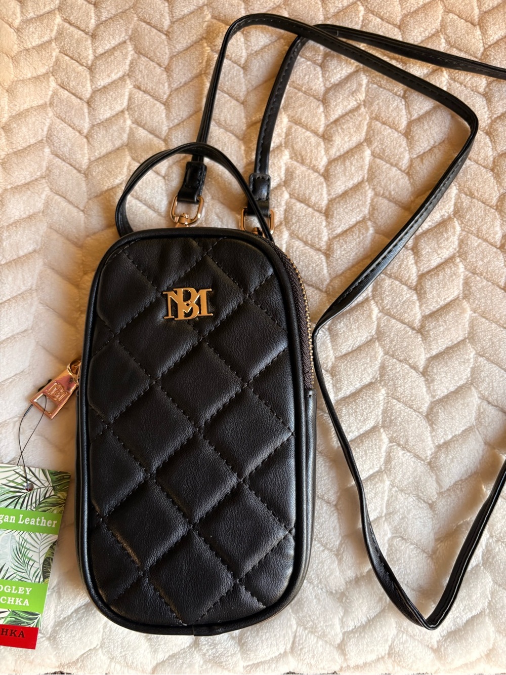 Badgley Mischka Black Quilted Crossbody Phone Pouch with Gold Logo